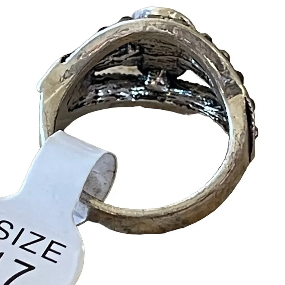 NWT silver tone black stone marcassite like stones ring size 6